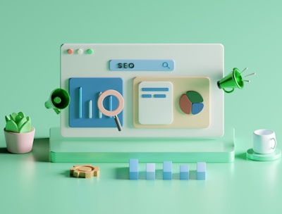 An abstract, pastel-colored, 3D-rendered representation of data analysis and search engine optimization (SEO). The image features a computer interface with various analytics symbols, including a magnifying glass, bar charts, pie charts, and a search bar with the text 'SEO'. Surrounding the interface are different objects such as a potted plant, a cup with a saucer, and a megaphone, all placed on a light green background.